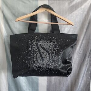 Victoria's Secret BlackSatin Rhinestone VS Logo Zipper Tote Bag Y2k glam Mcbling